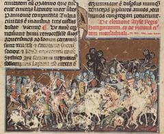 Attila's battle with the Romans at Zeiselmauer from Chronicon Pictum showing two horse armies in combat with fallen soldiers and blood-stained ground