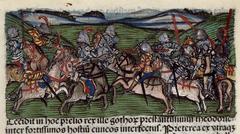 Historical illustration of King Attila's battle at the Catalaunian Plains from Chronica Hungarorum