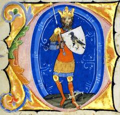 King Attila with crown, sword, and Turul bird in shield from Chronicon Pictum Page 14