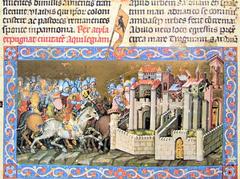 Historical illustration of Attila the Hun besieging Aquileia from Chronicon Pictum