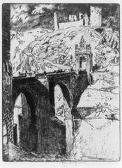 Castle of San Cervantes in Toledo Spain historic etching print