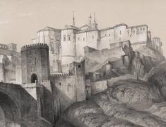 Historic view of Puente de Alcántara bridge, Alcázar fortress, and Convento de la Concepción Francisca in Spain