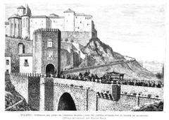 Funeral procession crossing Alcántara Bridge in Toledo for Cardinal Moreno, historic natural drawing by Manuel Nao