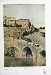 Historic view of Toledo town square with old buildings and people walking