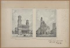 Lithograph of Paris showing Eglise St Sulpice and Eglise St Etienne du Mont by Philippe Benoist