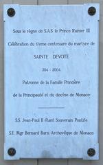Plaque dedicated to the 17th centenary of martyr Sainte-Dévote at Église de Saint-Dévote, Monaco