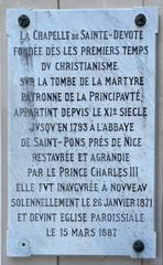 Historic plaque at Église de Saint-Dévote in Monaco