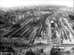 Panoramic partial view of Retiro area showing railway stations and tracks of Ferrocarril Nacional Bartolomé Mitre, Manuel Belgrano and San Martin in Buenos Aires, 1971