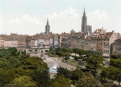 Historic view of Strassburg Kleberplatz around 1900 with vintage buildings and streetcars