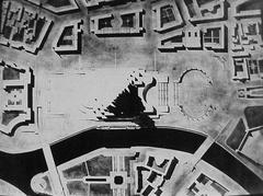 Overhead view of a modern urban cityscape with skyscrapers and streets