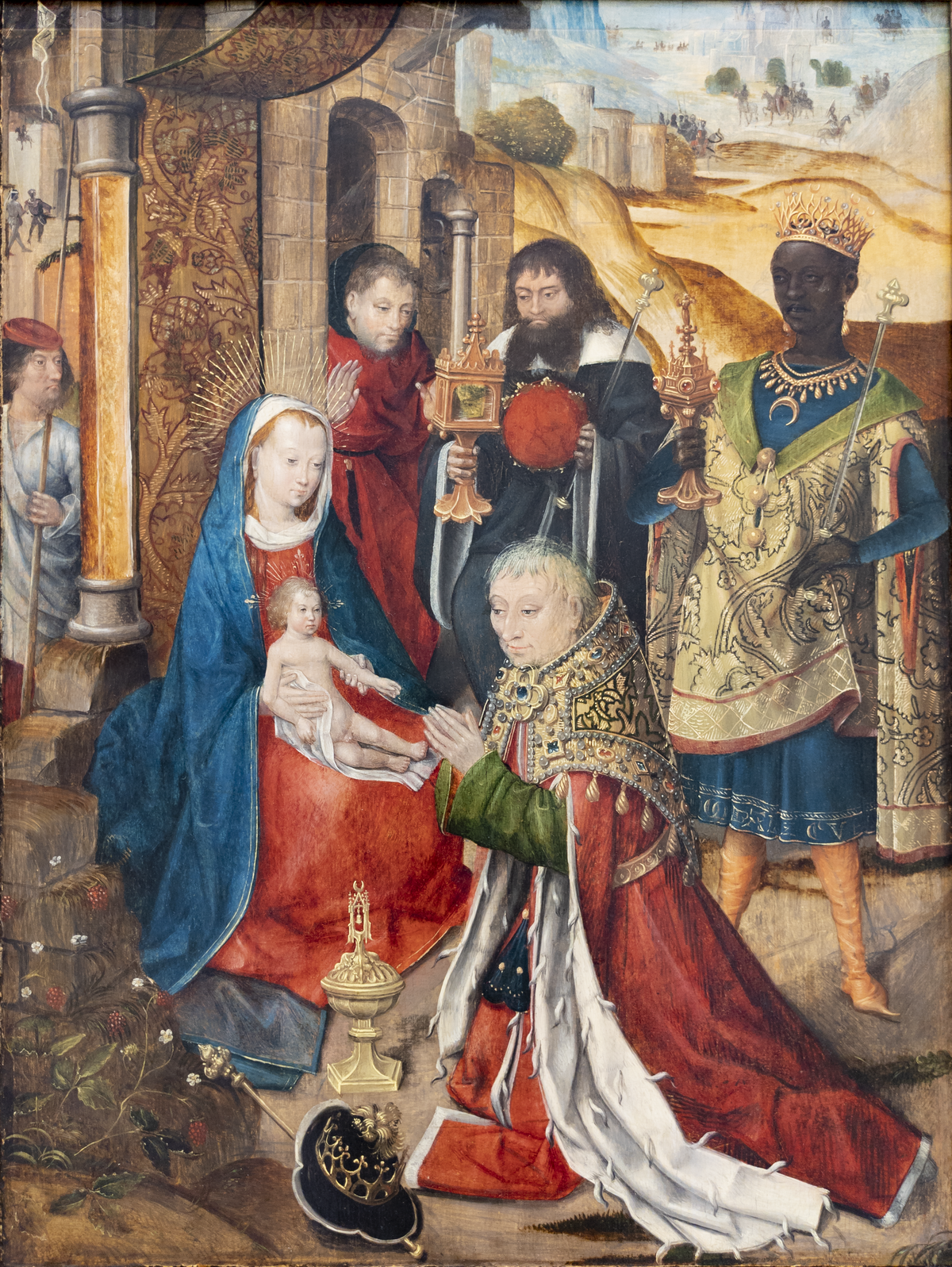 Adoration of the Magi painting by Master of the Saint Lucy Legend depicting the biblical scene with three wise men presenting gifts to baby Jesus