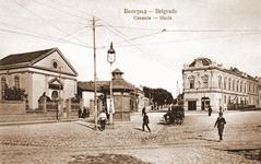 Slavija Square in Belgrade in 1904 with old buildings and tram tracks