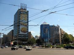 Slavija Square with Hotel Slavija and Church of Saint Sava dome in Belgrade
