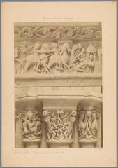 Relief and capitals sculpture of horse rider on pillar inside Laon Cathedral from 12th century Romanesque art