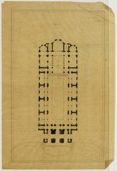 Architectural drawing of the Church of the Holy Trinity in Paris from 1861 showing plan, section, and elevation