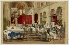 Watercolor drawing of an ambulance inside the church of La Trinité in Paris during 1871 by Jules Richomme