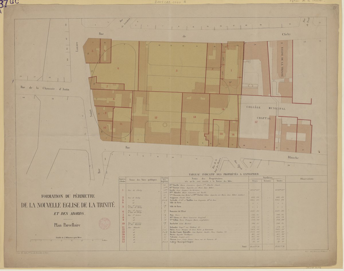 Colored lithographic plan showing the perimeter formation of the new church of La Trinité and its surroundings in Paris with details of streets and plots.