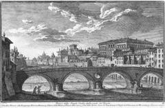 Historic map engraving of Lungara and Strada Giulia in Rome highlighting landmarks like Giardino Farnese, Palazzo Farnese, and Carcere Nuovo
