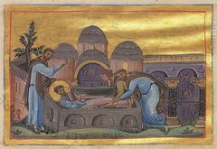 Medieval miniature of Saint Luke from the Menologion of Basil II, dated 985, housed in the Vatican Library, Rome