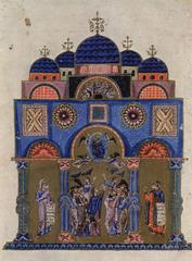 Medieval illuminated manuscript page with ornate decorative borders and Greek text