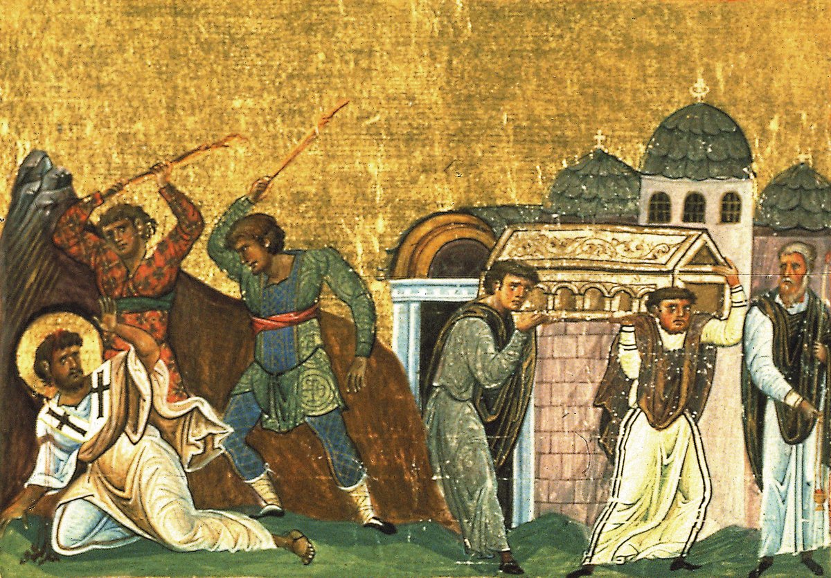 Saint Timothy, Bishop of Ephesus, Apostle of the Seventy, Hieromartyr, Byzantine miniature from the Menologion of Basil II