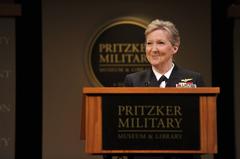 Chief of Navy Reserve Vice Adm. Robin Braun speaking at Navy Reserve Centennial event at Pritzker Military Museum Chicago