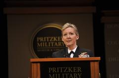 Chief of Navy Reserve Vice Adm. Robin Braun speaking at the Navy Reserve centennial event at Pritzker Military Museum in Chicago on March 5, 2015