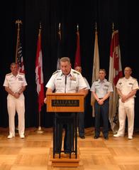 Rear Admiral Mike Parks discussing Coast Guard's role in War of 1812 at Pritzker Military Library Chicago