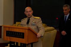 Admiral James Stavridis speaking at NATO photography exhibition opening at Pritzker Military Library in Chicago