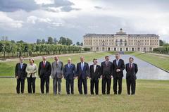 Leaders of the G8 countries at the 32nd G8 summit in Strelna, Russia standing in front of the Constantine Palace