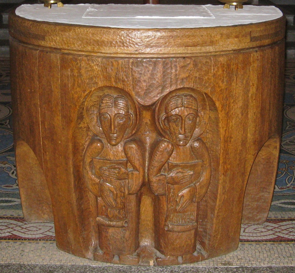 Honan Chapel altar with intricate religious sculptures by Imogen Stuart