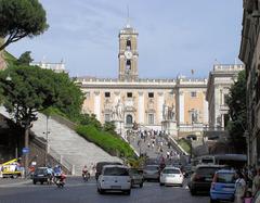 Cordonato ramp designed by Michaelangelo leading to Piazza del Campidoglio in Rome with Roman statues Castor and Pollux