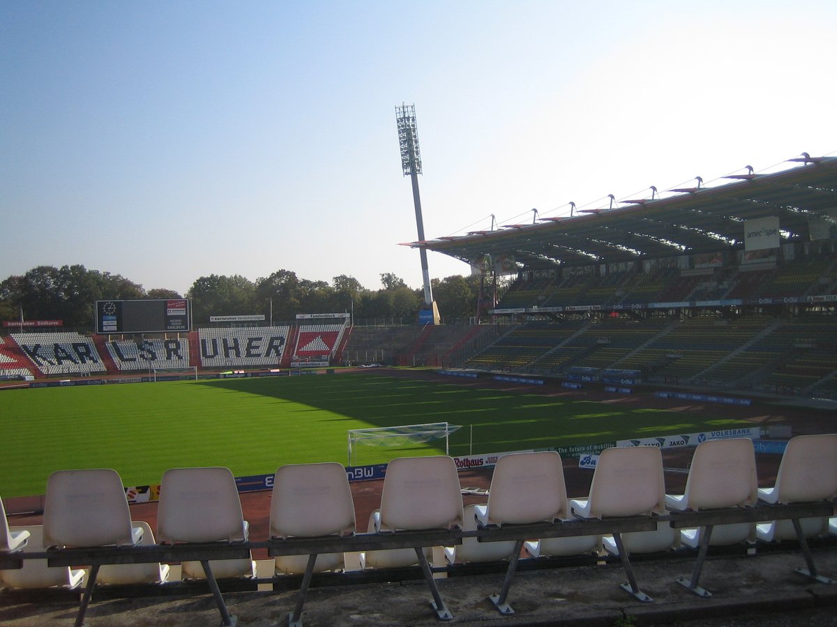 View of the interior of Wildparkstadion in Karlsruhe showing the Südkurve and Main Stand