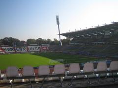View of the interior of Wildparkstadion in Karlsruhe showing the Südkurve and Main Stand