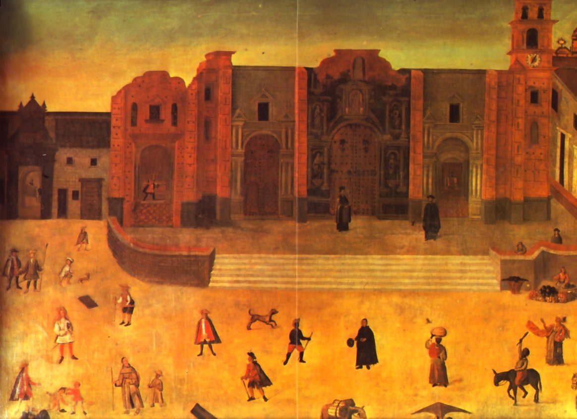 Painting of Lima Cathedral showing visible earthquake damage and interior damage from 1711 host theft