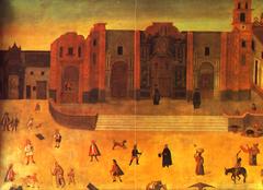 Painting of Lima Cathedral showing visible earthquake damage and interior damage from 1711 host theft