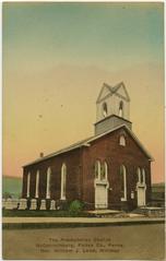 Historic Presbyterian church in McConnellsburg, Pennsylvania from a pre-1923 postcard