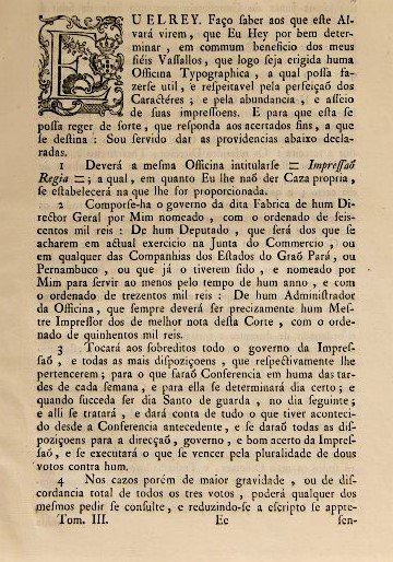 First page of the Royal Press Establishment Charter of Portugal, 1768