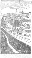 Historic illustration of La Latina neighborhood in Madrid showing El Campillo de las Vistillas from Calle de Segovia