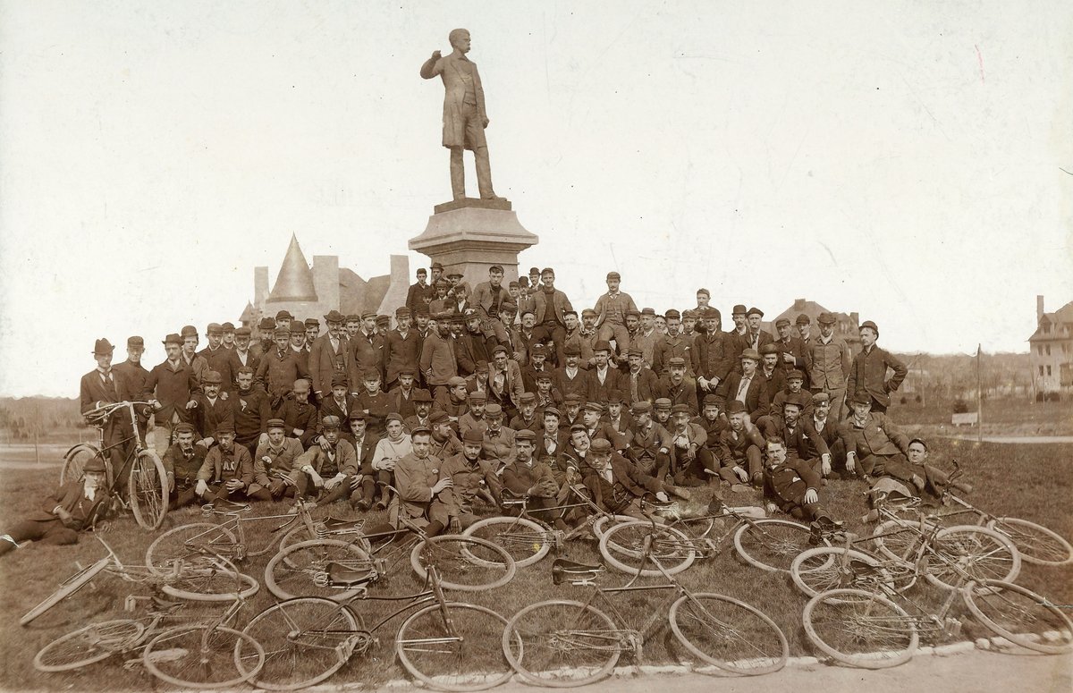 1892 Bicyclists from League of American Wheelmen posing by Frank Blair statue in Forest Park St. Louis