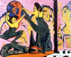Painting of a tightrope walker balancing on a rope with a crowd below