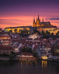 St. Vitus Cathedral at sunset with colorful sky in Prague