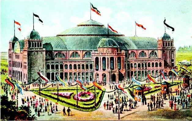 Festhalle during opening ceremony with decorated stage and audience