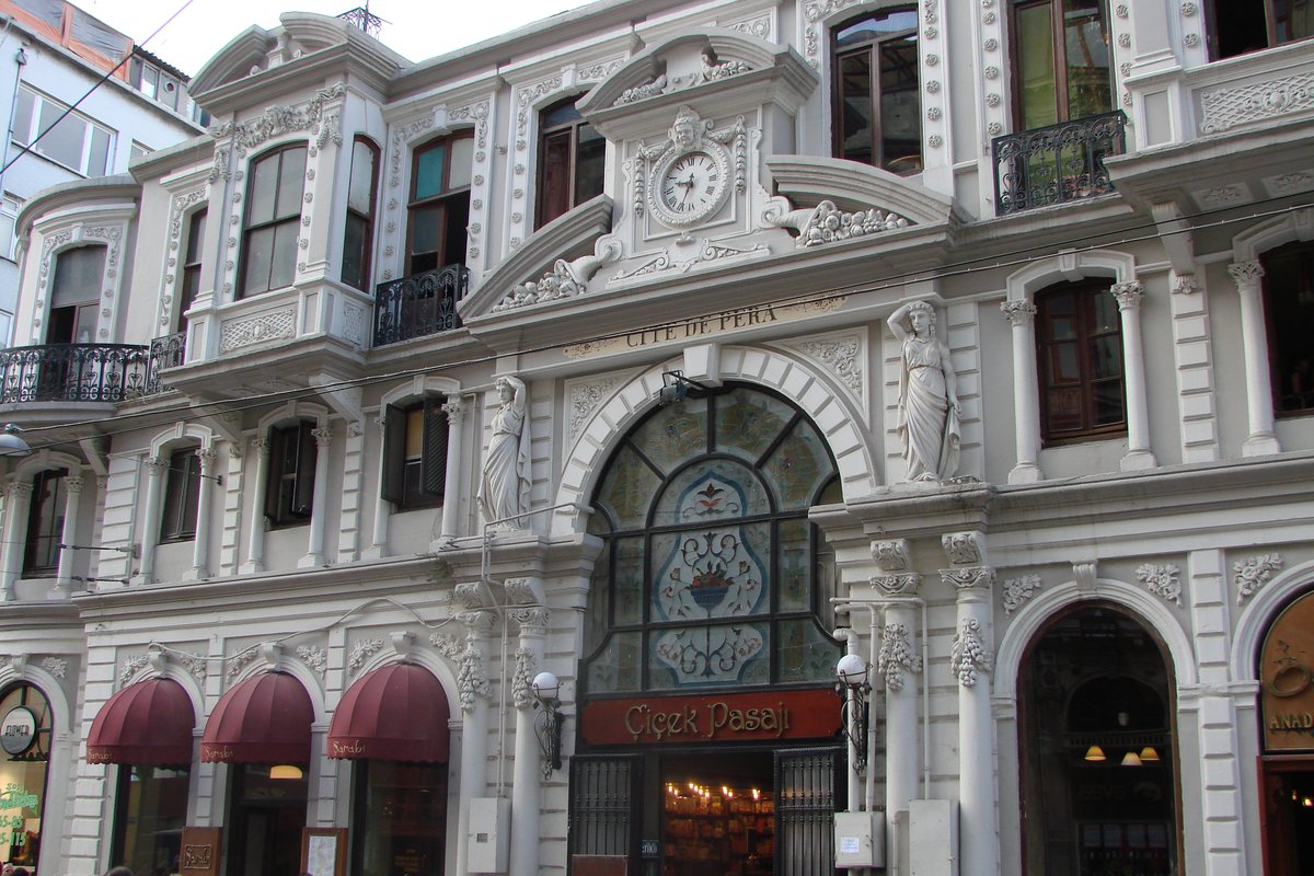 Exterior view of Çiçek Pasajı (Cité de Pera) on Istiklal Avenue in Istanbul