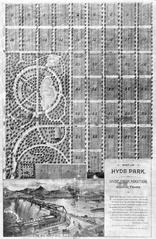 Early promotional bird's eye map of Hyde Park Austin Texas showing grid pattern of tree-lined streets, park, streetcar barn, Gem Lake and Crystal Fountain
