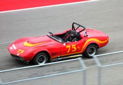 Vintage race cars lined up on a racetrack at the 2014 COTA event