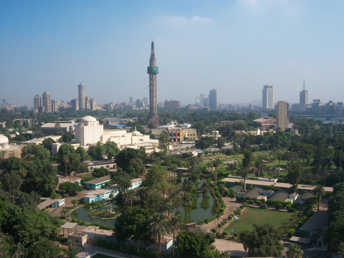 View of Gezira district in Cairo showing Cairo Opera House and Cairo Tower from Al-Jazeera Sofitel Hotel