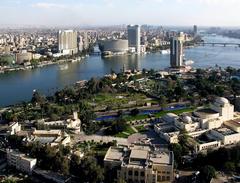 Panoramic view of Cairo cityscape from the Cairo Tower with the Nile river and urban buildings