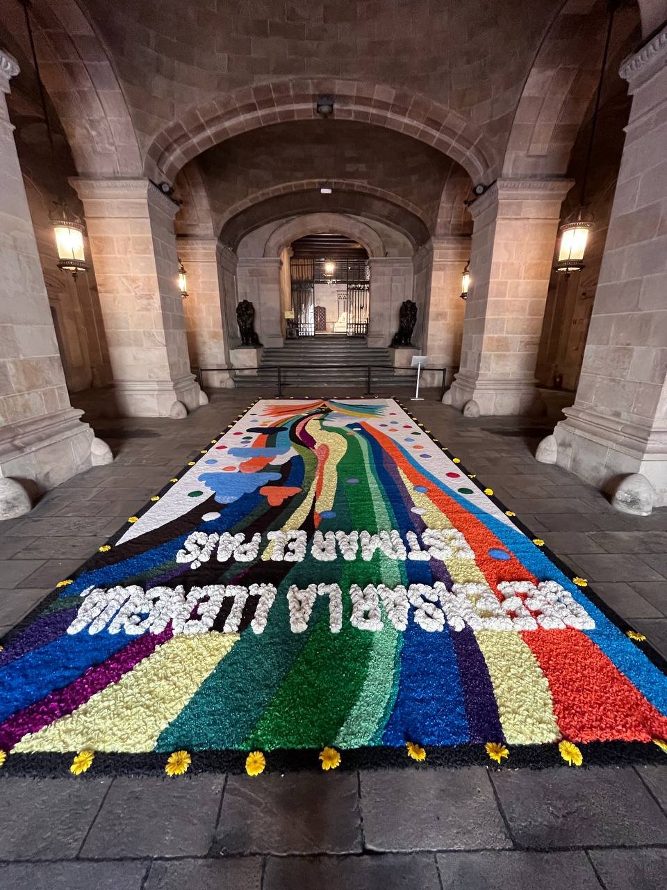 Entrance to Palau de la Generalitat with banners for 'Una llengua, molts accents' open doors event