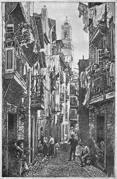 Street view of Rua de São Miguel in Alfama, Lisbon, early 20th century watercolor